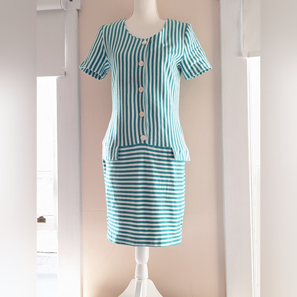 Vintage Dress Short Striped Green White Medium Drop Waist Short Sleeve Large